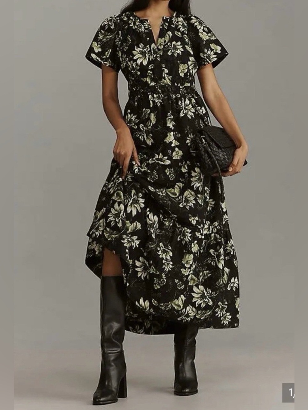 Anthropologie Black and Green Floral Somerset Maxi Dress XS Boho Cottage